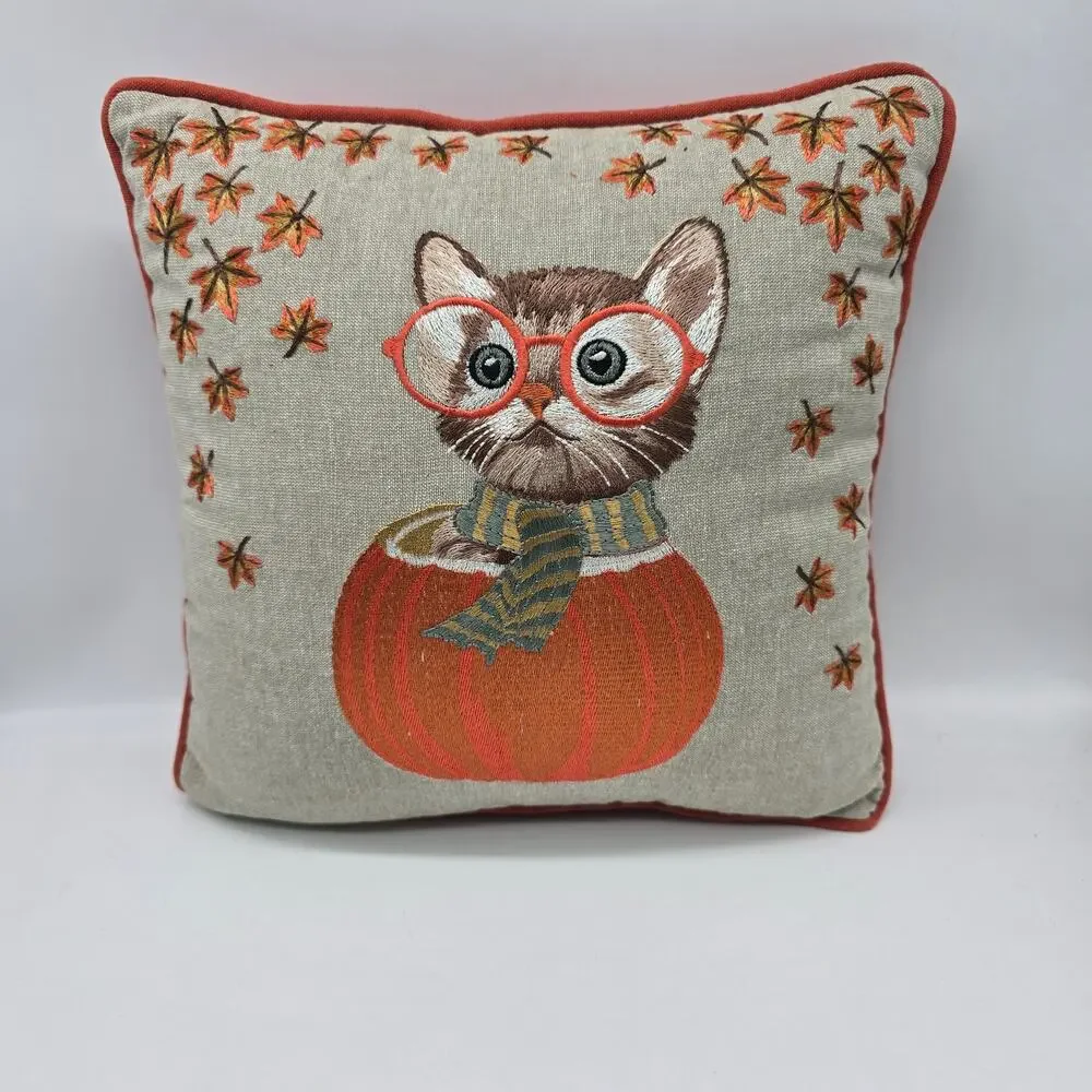 Pier 1 Tabby Cat/Kitten with Glasses & Scarf  in Pumpkin Pillow Embroidered 12